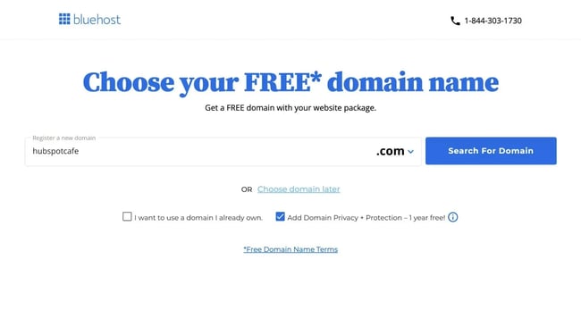 how to purchase or choose a free domain name at bluehost.